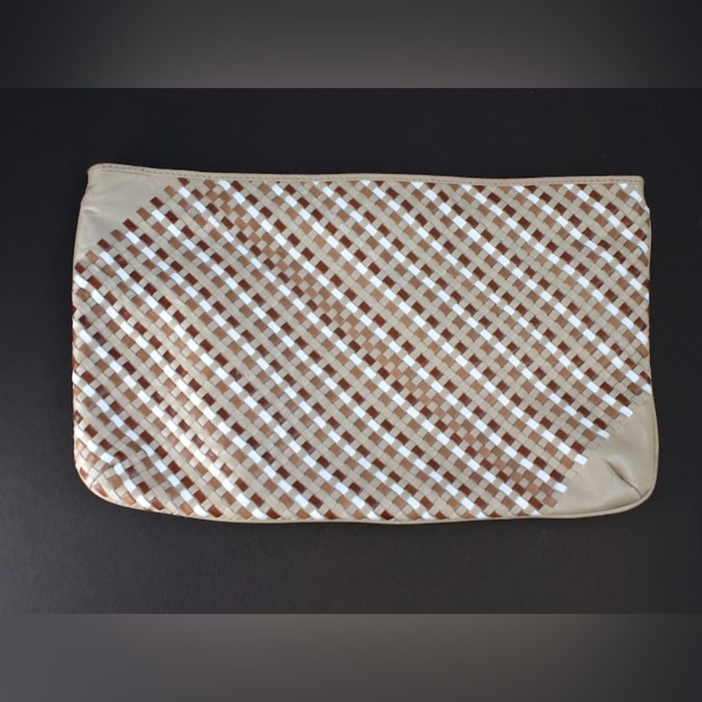 Vintage Italian Leather woven bag clutch Neutrals 1980s style large clutch